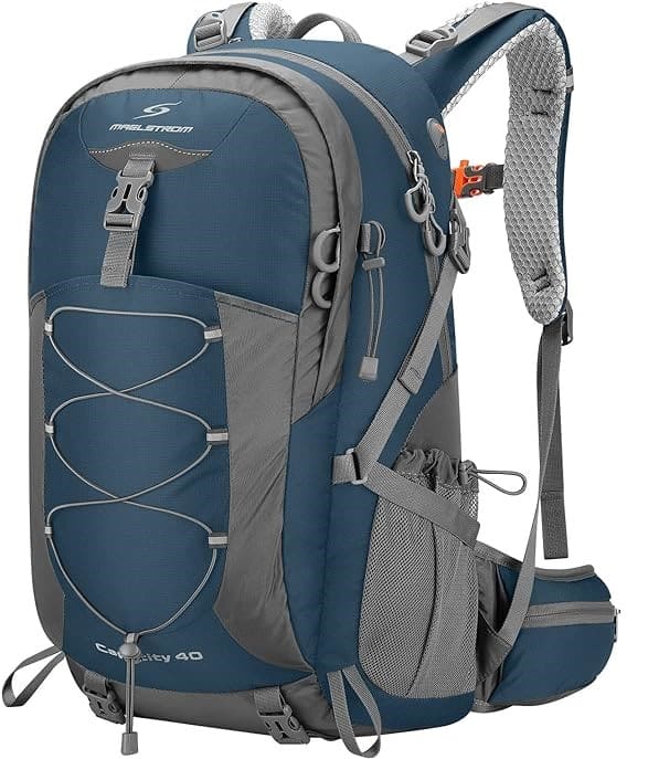 Hiking backpack filled with hiking accessories