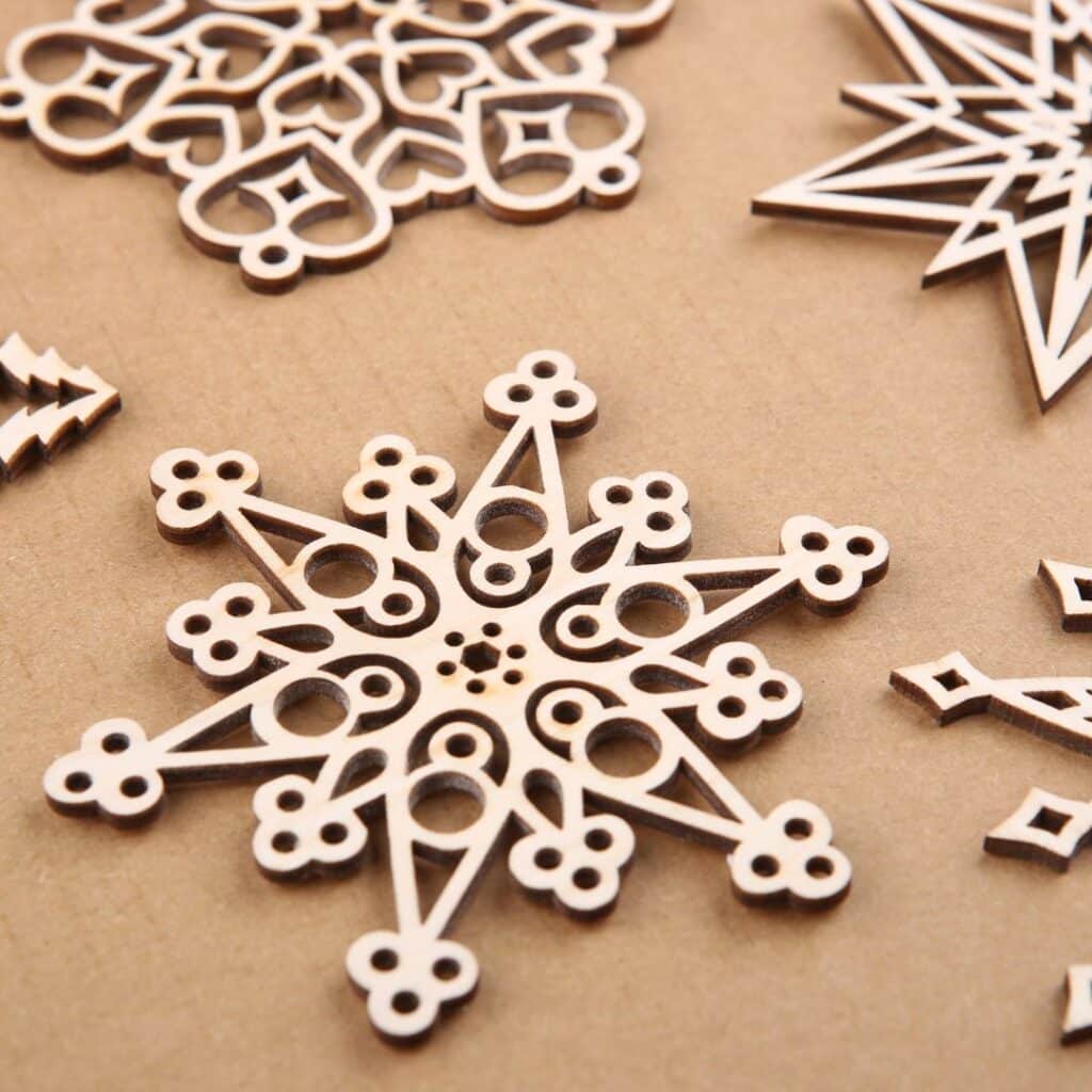 Wooden snowflake ornaments.