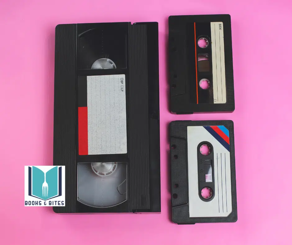 VHS and casette tapes with the Books & Bites logo.