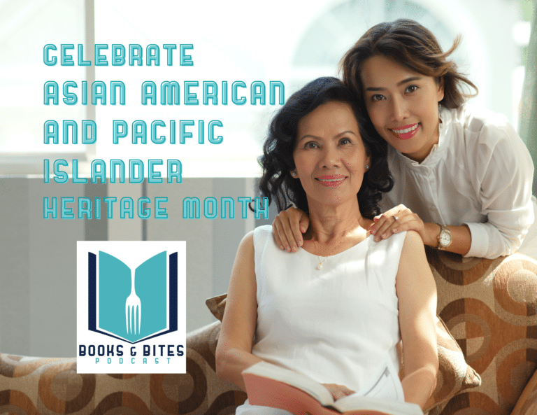 Books & Bites header image with two Asian American women. The older one is holding a book.