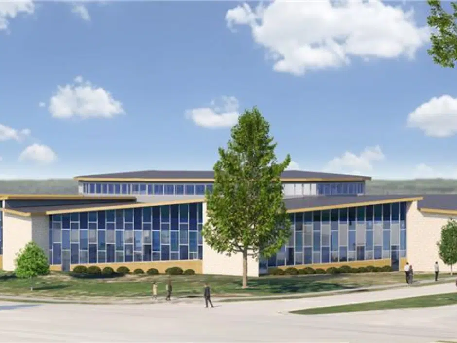 Digital drawing of a bright, modern library with lots of windows.