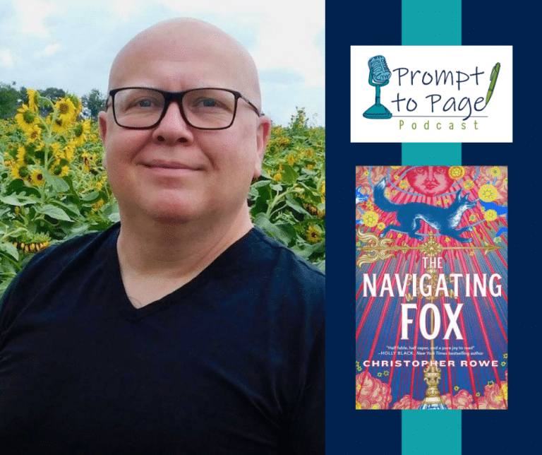 Author Christopher Rose in a field of sunflowers. Header image also includes the Prompt to Page logo and the cover for The Navigating Fox.
