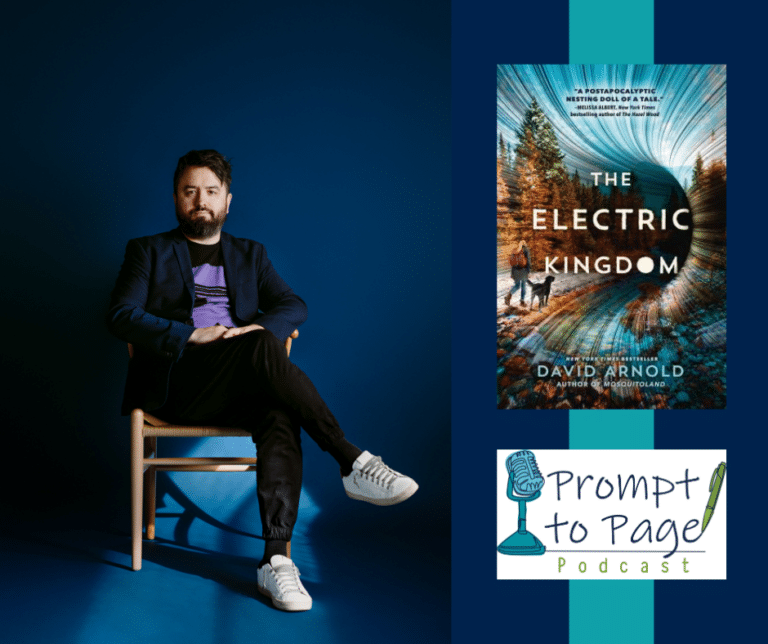 Photo of author David Arnold sitting in a chair with his legs crossed. Beside him is the cover of his book, The Electric Kingdom, and the Prompt to Page logo.