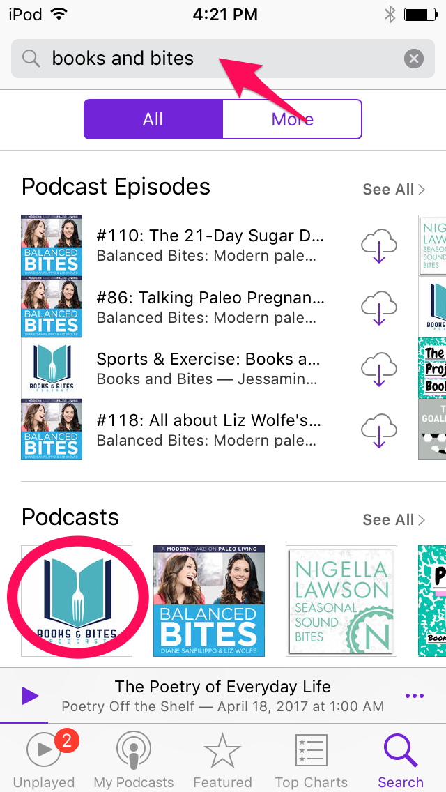 Screenshot of search for Books and Bites podcast