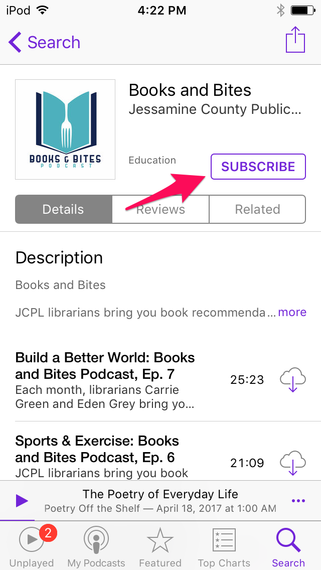 Screenshot of iPod subscribing to Books and Bites