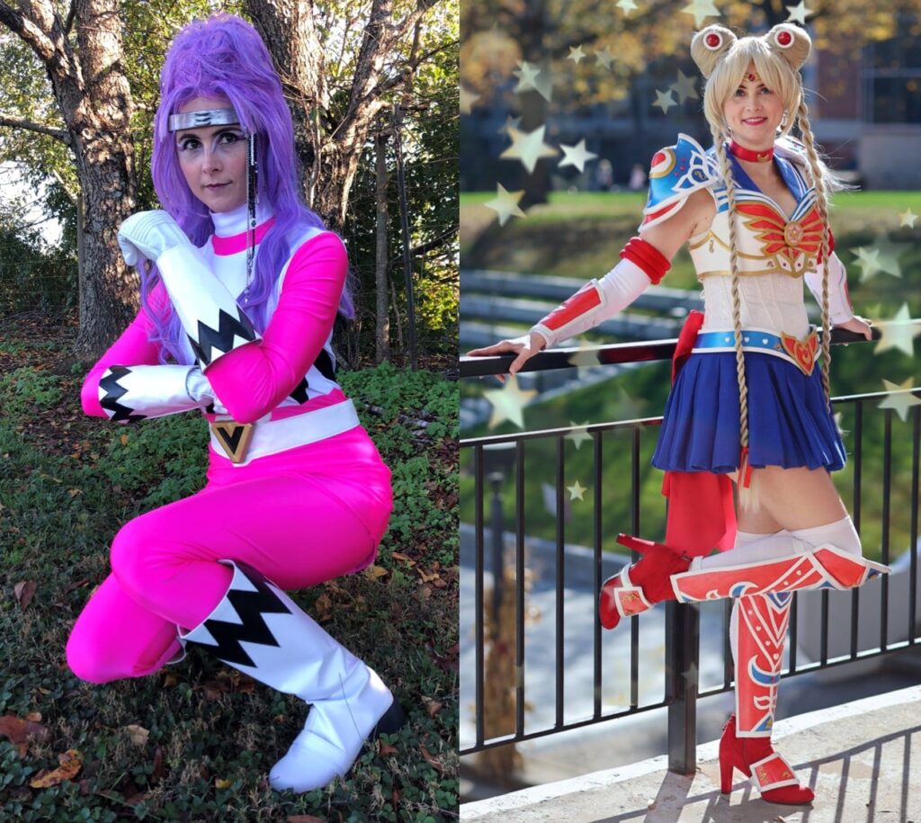 Two side-by-side photos of Innovative Cosplay in Pink Power Ranger and Armor Sailor Moon cosplays.