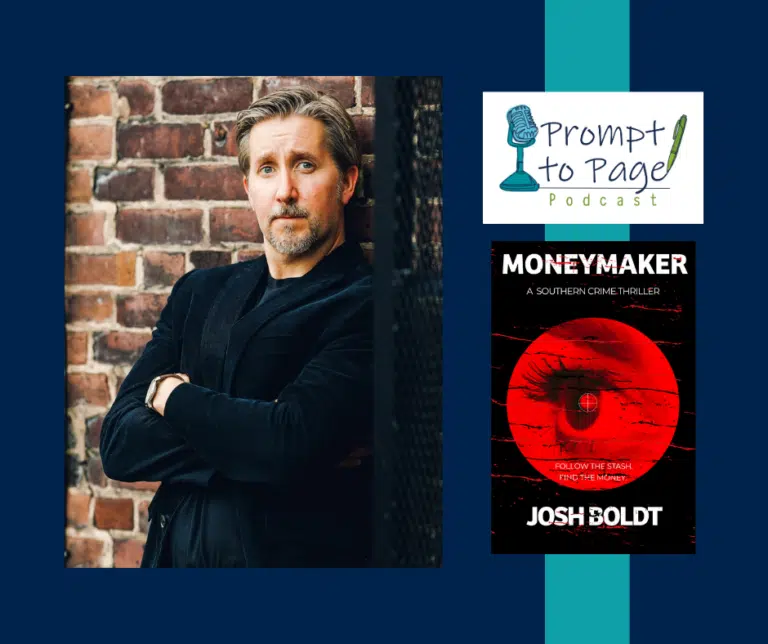 Josh Boldt with his book Moneymaker and the Prompt to Page Podcast logo.