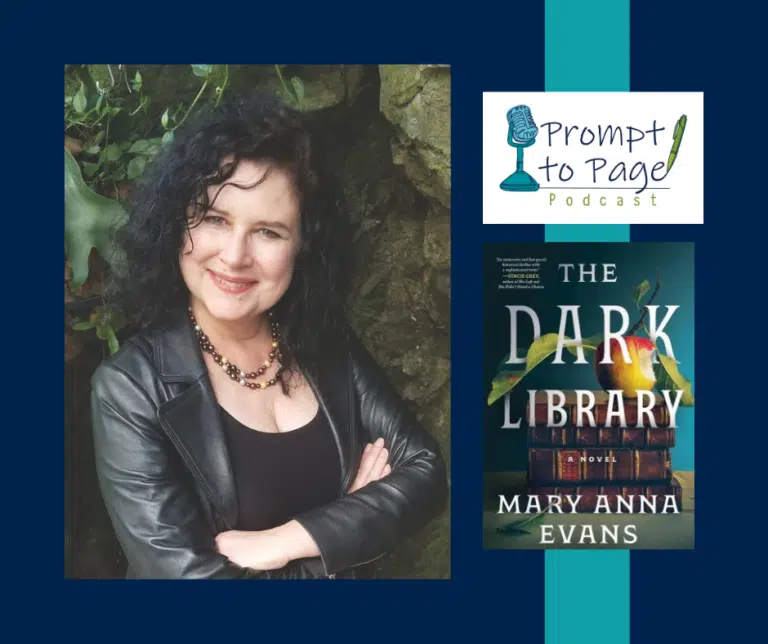 Blog header with headshot of Mary Anna Evans, Prompt to Page logo, and The Dark Library book cover.