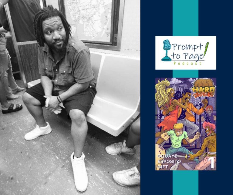 Bryce Oquaye on the subway. Beside him is the Prompt to Page logo and the cover of Hard Justice, a comic.