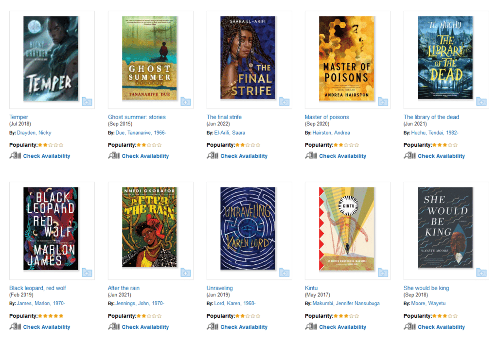 Screen shot of NoveList Plus showing a list of Afrofantasy book covers. 
