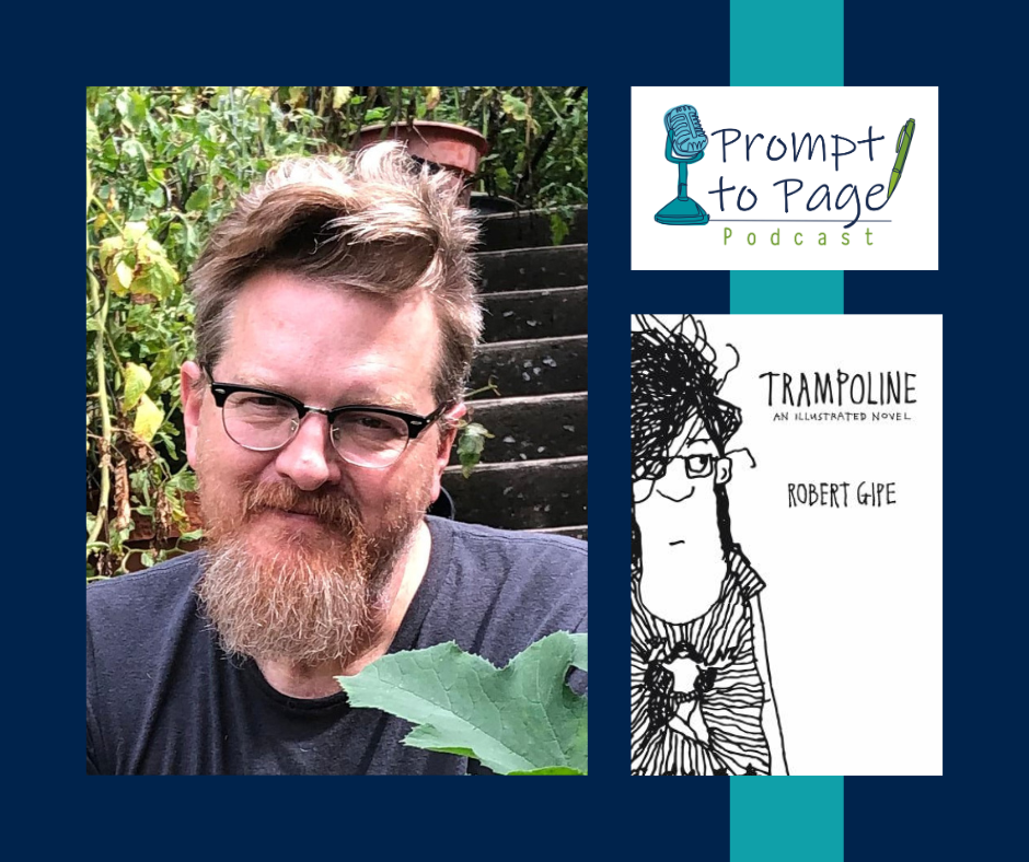 Blog header with photo of Robert Gipe, Prompt to Page logo, and Trampoline book cover