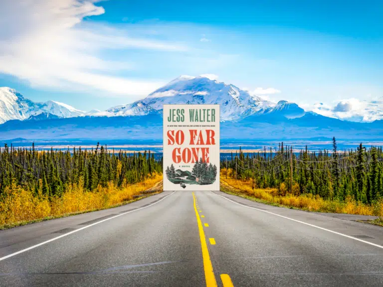 A road leads to a snow-capped mountain in the background. The book So Far Gone appears to be in the road.