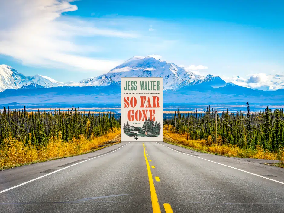 A road leads to a snow-capped mountain in the background. The book So Far Gone appears to be in the road.