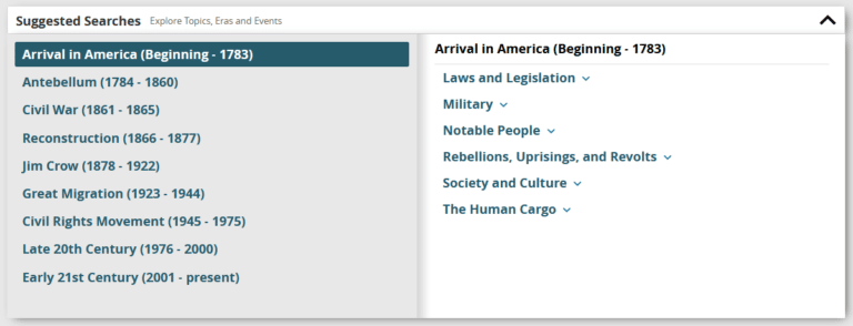 Screen shot of Suggested Search categories in Black Life in America.