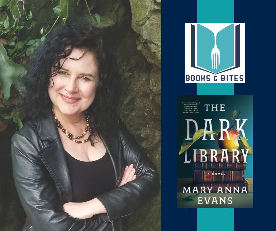 Blog header with photo of Mary Anna Evans, Books & Bites logo, and The Dark Library book cover