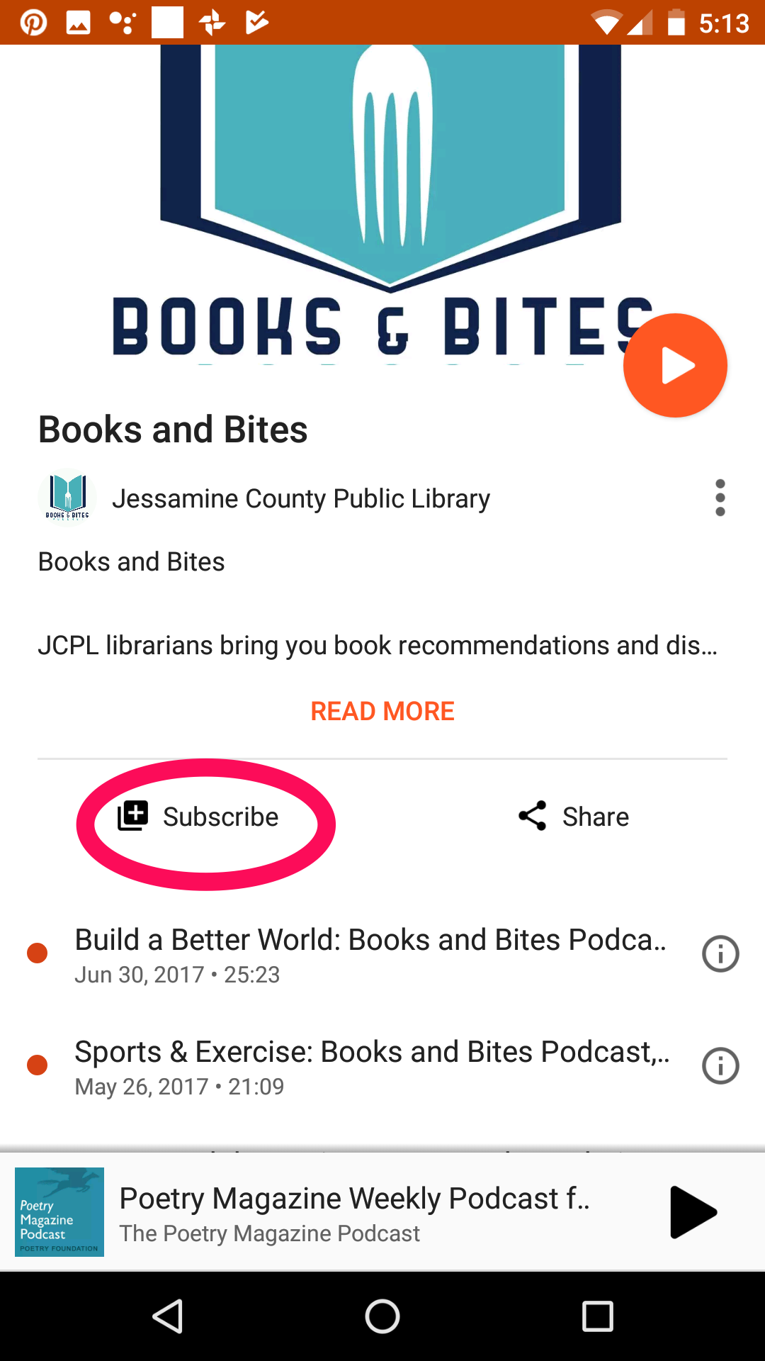 Screenshot showing how to subscribe to Books and Bites